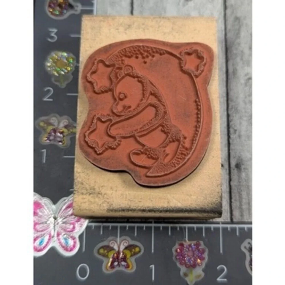 Bear on Moon Catching Stars Rubber Stamp Wood #A86